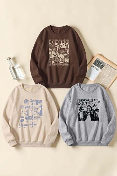 uyguntarz Set de hanorace unisex cu imprimeu mixt și guler rotund – Pachet de 3