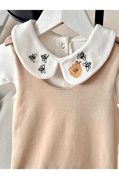 Mama Miel Baby Honey Bee Embroidered Bodysuit and Milk Coffee Combed Cotton B...