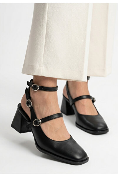 Lavish Gold Towep Black Leather Heeled Shoes Black