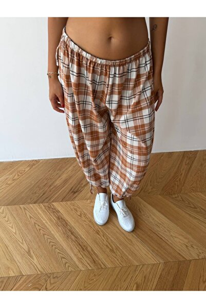 NEW JOURNAL Women's Camel Lace-Up Plaid Patterned Premium Shalwar Trousers Fr...