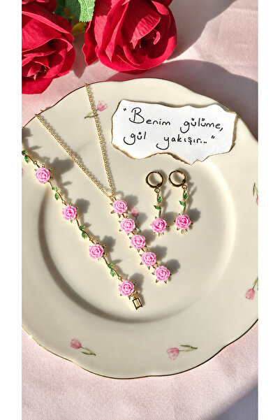 Home Velvet Pink Rose Necklace Bracelet Earring Set