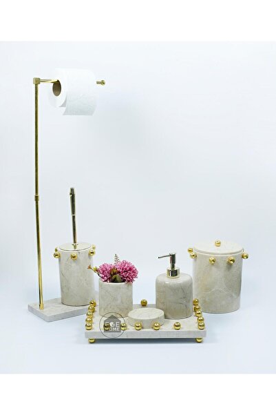 ege gross Aura Lux Collection - Beige Marble 7 Piece Gold Bathroom Set