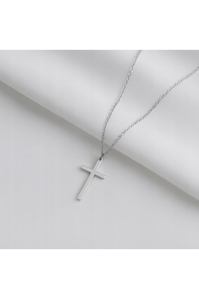 NO BRAND Lanț cu cruce argintie din oțel chirurgical lustruit + cutie