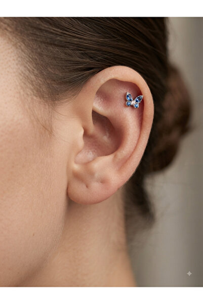 kurukafagift Mavi Taşlı Kelebek Figürlü Çelik Piercing Helix Lob