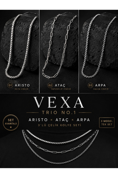 Vexa Aksesuar Trio No.1 Unisex Model 3-Piece Steel Necklace Set Aristo Paperc...