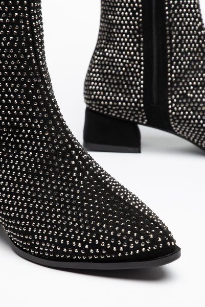 moda rees Women's Suede Stone-Embellished Stylish Pointed-Toe Thick Short-Heel Zipper Boots