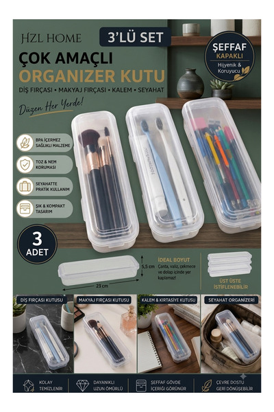 HZL HOME 3'lü Set Çok Amaçlı Şeffaf Kapaklı Organizer Kutu - Diş Fırçası, Mak...