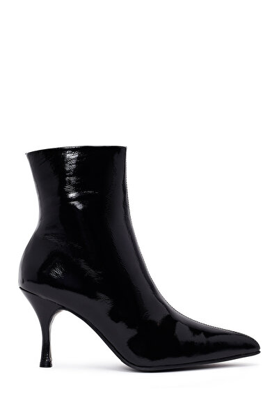 Derimod Women's Black Zippered Thin Heeled Patent Leather Boots Af200022Dr