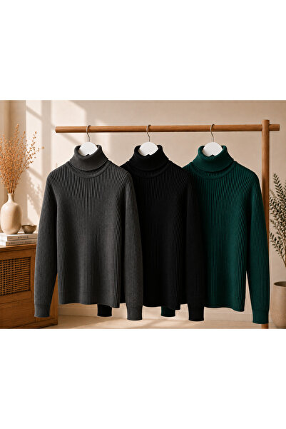 oneoff Women's 3-Piece Body-Fitting Turtleneck Ribbed Knit Sweater