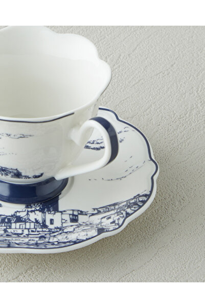 English Home İstanbul New Bone China 4 Parça 2 Kişilik Kahve Fincanı 90 ml Beyaz - Lacivert