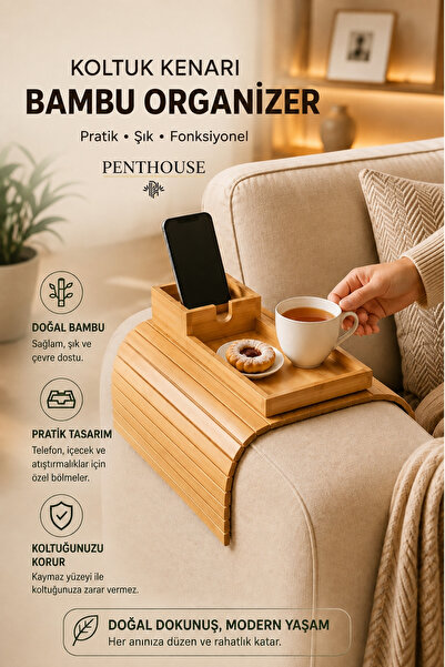Penthouse Sofa Side Bamboo Organizer 41X33 cm Foldable Non-Slip Base Phone Co...