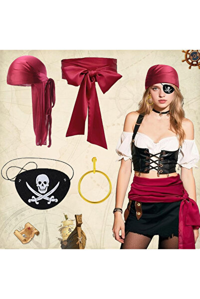 OEM Set de accesorii pentru costum de pirat pentru femei, 4 piese, Bandană, E...