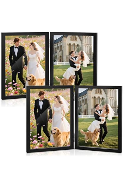 Generic Brand 4x6 Double Picture Frame, 2Pack Wooden Hinged Folding Photo Fra...