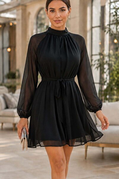 Mossta Semi-Turtleneck Belted Chiffon Mini Dress - Black