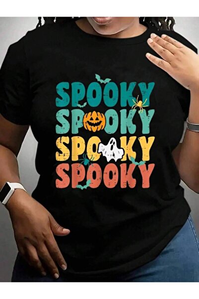 9JY Spooky Pumpkin Ghost Retro Costume Men Women Halloween Black Graphic T Sh...