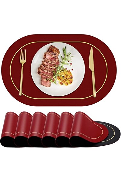 Generic SYOSI Oval Placemats Faux Leather Set of 6 Double Sided Black, Red He...