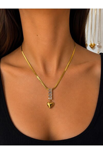 MARE BUTİK Gold Baguette Stone Heart Figured Snake Chain Necklace