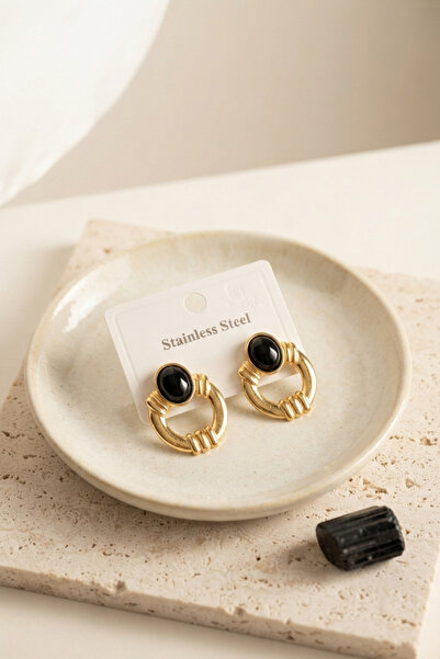 OGHAMAY 316L Steel Gold Color Vintage Black Stone Earrings