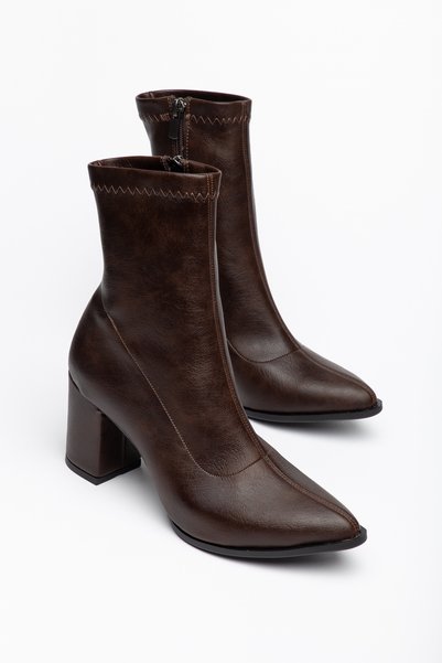 moda rees Women's Brown Leather Pointed Toe Stretch Heeled Boots Zipper Casual