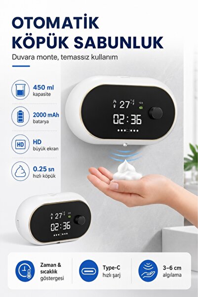 GLFTECH Otomatik Köpük Sabunluk 450 ml Sensörlü Duvara Monte Şarjlı Dispenser...