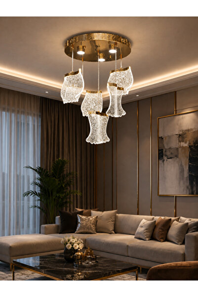 Led YENİ MODEL 5 SARKIT LÜX AVİZE GOLD RENK 3 IŞIK SEÇENEĞİ İTHAL KASA