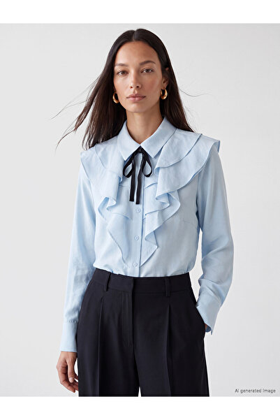 LC Waikiki Blue Shirt Collar Ribbon Detailed Ruffled Blouse