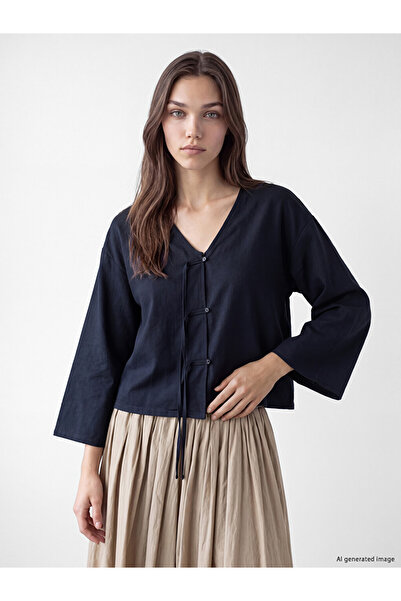 LC Waikiki Lcw Modest Navy Blue Ornate Buttoned Oversize Women's Kimono