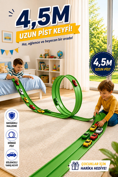 elisalife Oyun Esnek Yarış Pisti Kıvrılabilen Aksiyon Pisti Go Track 4.5 Mt Flex Track Oyuncak Yeşil Green