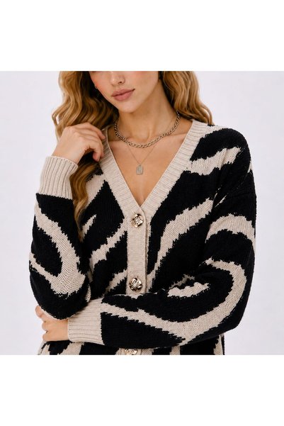 ZERELLE COLLECTİON Women's Knitwear Cardigan Black Beige Patterned V-Neck Buttoned Oversized Stylish Casual Cardigan