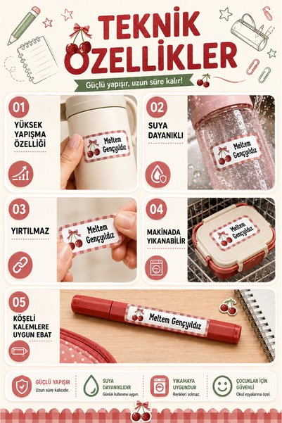 Sim Tasarım Kiraz Tema Pötikare Okul Etiketi Kalem Defter Özel İsim Yazılabilen Etiket 286 Adet İsim Etiketi