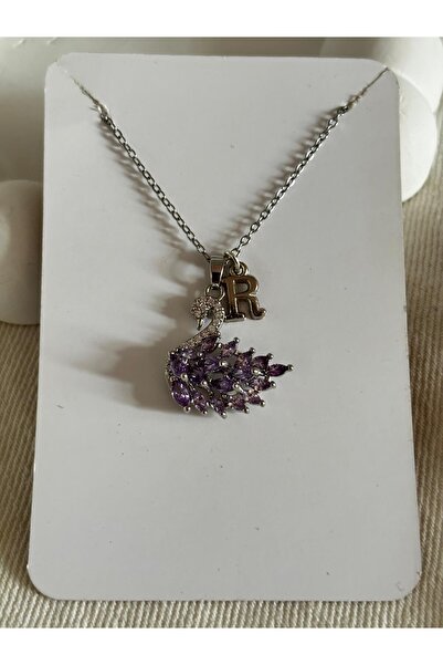bijoux uniques Mor zirkon taşlı kuğu model R harfli 316L çelik kolye
