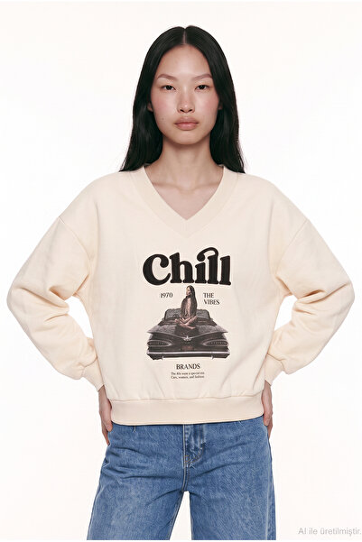 Quzu Chill Κεντημένο Φούτερ με λαιμόκοψη V σε μεγάλο μέγεθος, Μπεζ