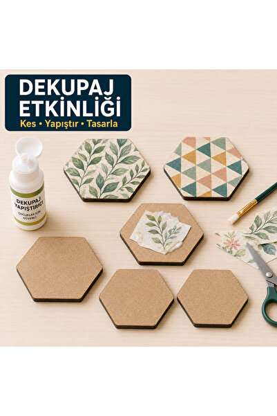 ArliaDesign Çukurova Ahşap Lazer Kendin Yap 6’lı Altıgen Bardak Altlığı Seti Standlı 10x10 cm Ham MDF