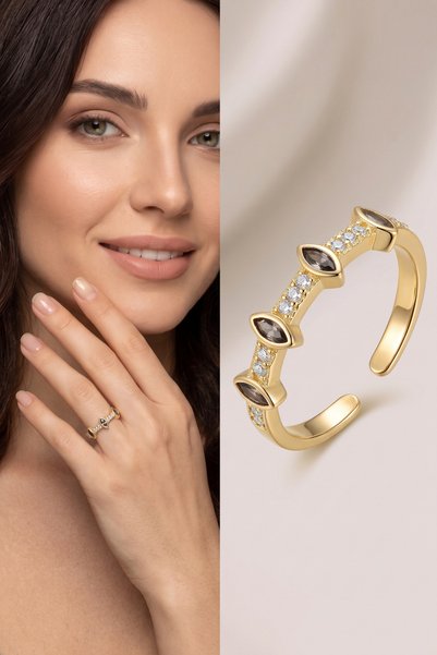 Birmem Gold Renk Taşlı Ayarlanabilir Çelik Kadın Yüzük - Minimalist Tasarım