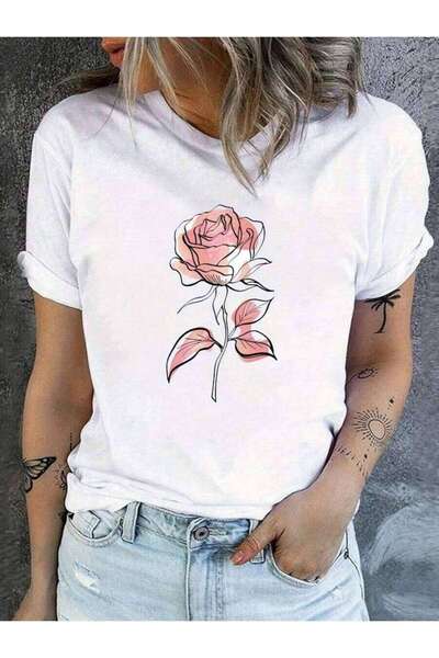 25W Oversized T-Shirt, Loose Fit, Flat Floral Print Crew Neck-Shirt, Casual S...