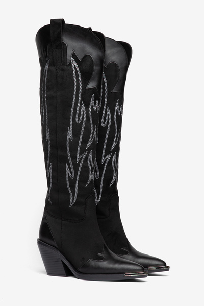 DENORA Black Matte Suede Embroidery Detail Knee-High Western Cowboy Boots