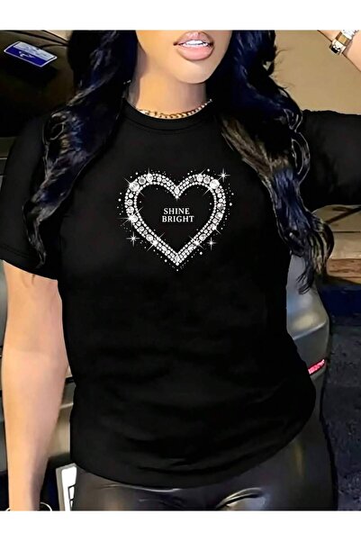 9JY Black Rhinestone Heart Shine Bright Graphic Women's T-Shirt Casual Summer...