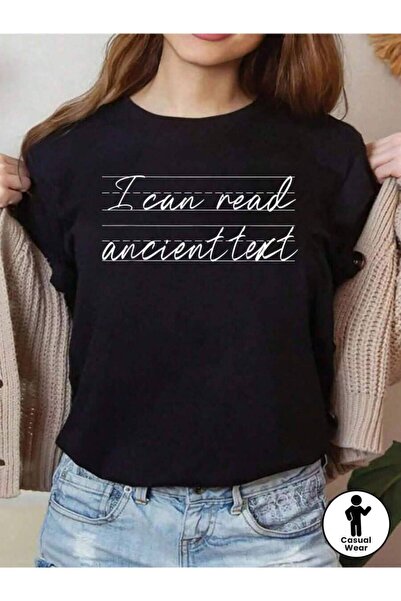 kai22 Women's Script T-Shirt I Can Read Ancient Text Humorous Tee Black With ...