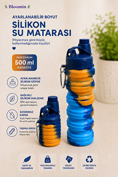 Bloomin Sızdırmaz Katlanabilir Seyahat Silikon Suluk Matara - Okulda İşte Kam...