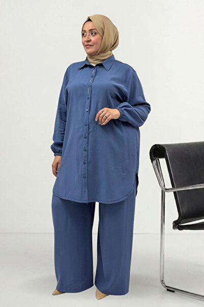 Eslina 68084 Plus Size Stone Detailed Cupra Shirt with Elastic Sleeves - Indigo