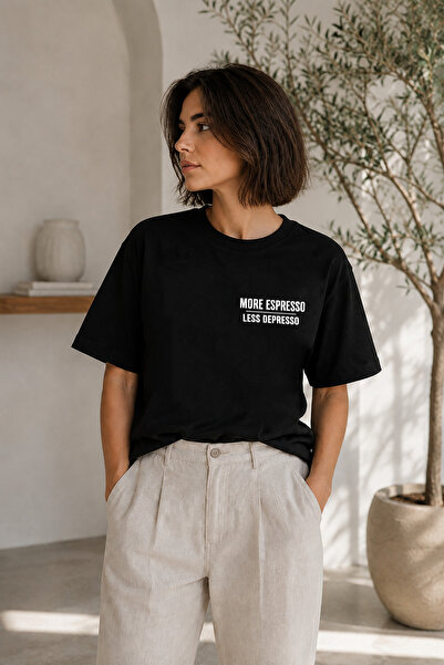 BAGAND Premium More Espresso Less Depresso Written Black Oversize T-Shirt Cof...