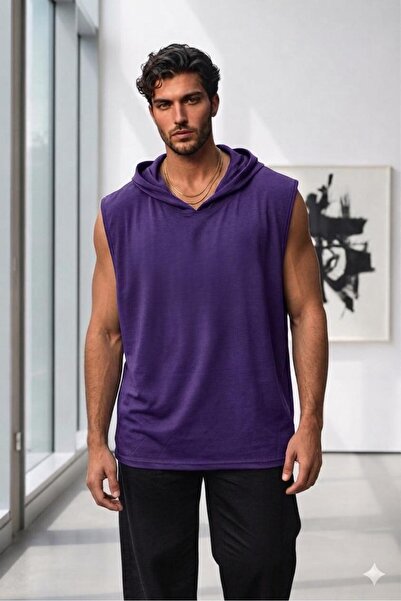 NO 601 Men's Purple Hooded Sleeveless Plain Undershirt