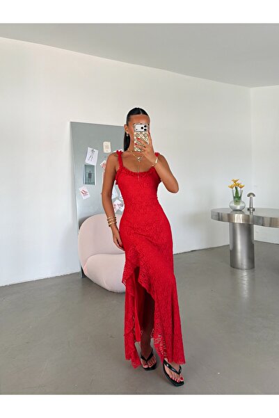 myd Strappy Ruffle Lace Dress - Red