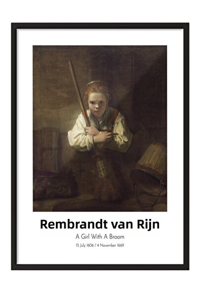 Postifull Rembrandt Vin Rijn - O fată cu o mătură, Tablou în ramă neagră, Ser...