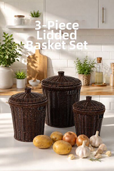 Porsima Pbt-439-1 3-Piece Wicker Basket with Lid Bamboo Basket Set Decorative...