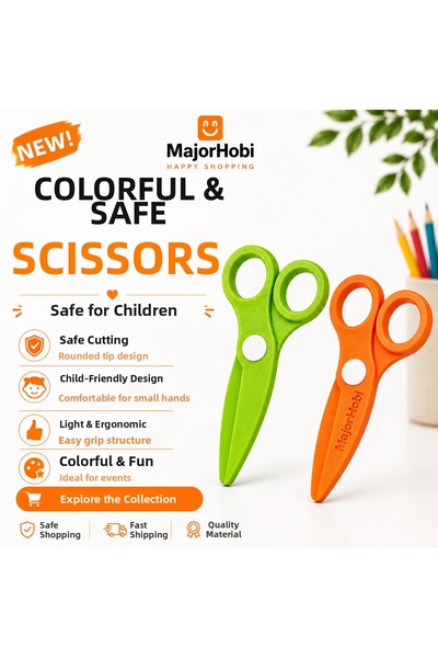 Major Hobi Children's Paper Scissors Set of 2 – Colored Scissors with Safe Ti...