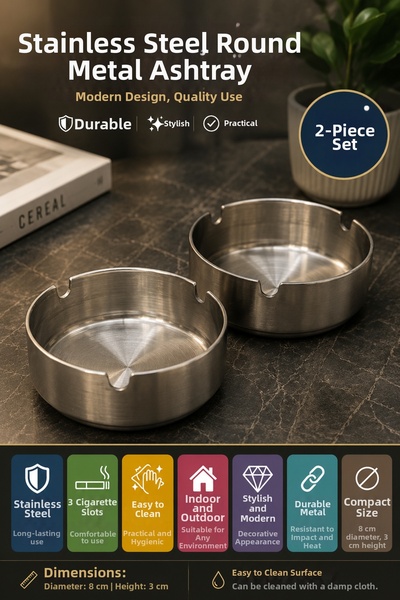 OpenCity Set de 2 scrumiere metalice din oțel inoxidabil 8 cm scrumiere rotun...