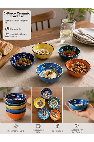 PALU Set of 5 Handmade Tile Patterned Ceramic Bowls 8 cm Colorful Sauce Bowl ...