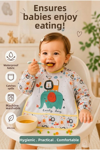 BERNS Waterproof Baby Feeding Bib with Pockets, Long Sleeve Washable Feeding Bib
