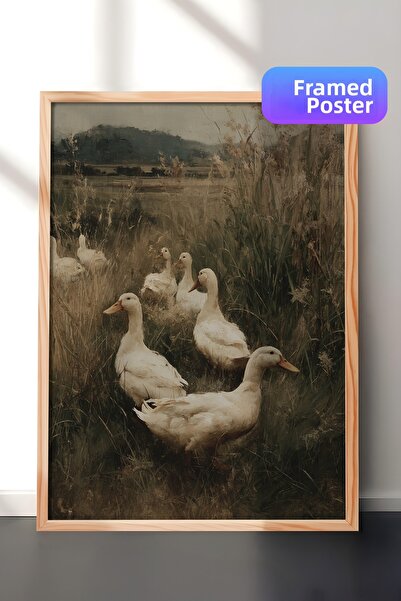 Zestia Pictură murală vintage, rațe mergând prin natură, înrămată în lemn Nr....